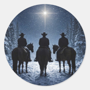 Christmas Holiday Cowboys Horses North Star Classic Round Sticker