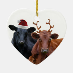 Christmas Holiday Cows in Santa Hat and Antlers Ceramic Ornament