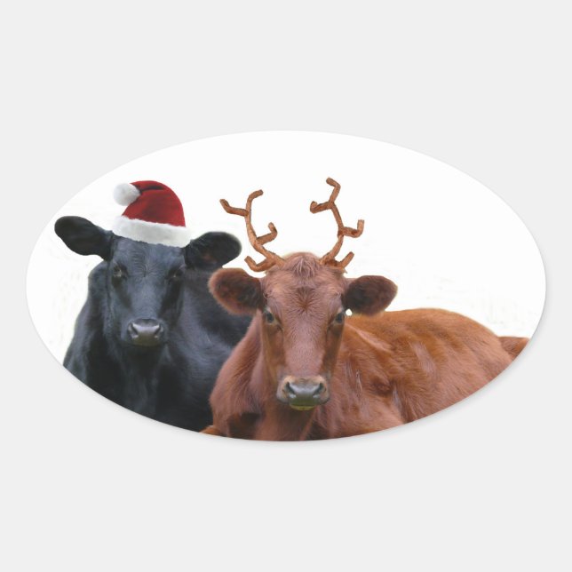 Christmas Holiday Cows in Santa Hat and Antlers Oval Sticker (Front)