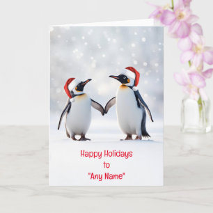 Christmas Holiday Custom Name Couple of Penguins Card