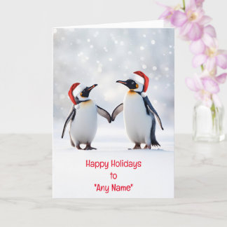 Christmas Holiday Custom Name Couple of Penguins  Card