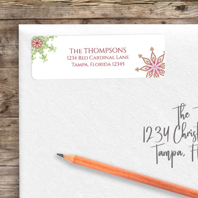 Christmas Holiday Cute Colorful Snowflake Festive (Christmas colorful whimsical red and green snowflakes return address label. )