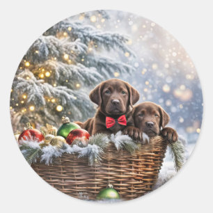 Christmas Holiday Cute Lab Puppies Classic Round Sticker