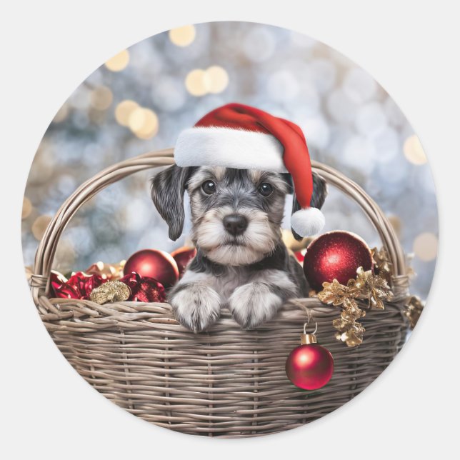 Christmas Holiday Cute Schnauzer Puppy Classic Round Sticker (Front)