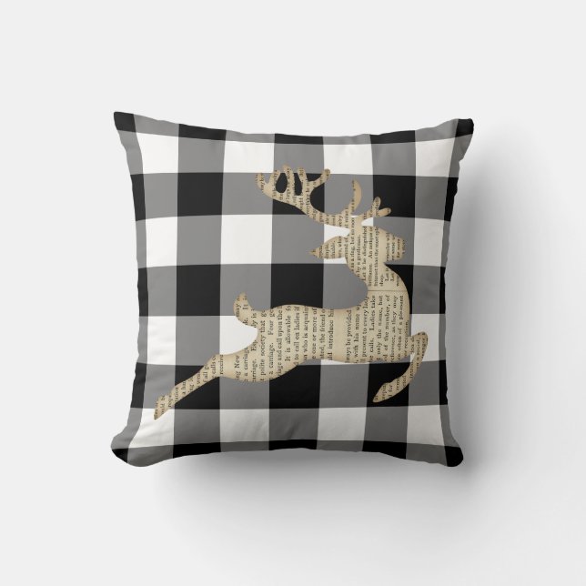 Christmas Holiday Deer Black White Gingham Throw Pillow (Front)