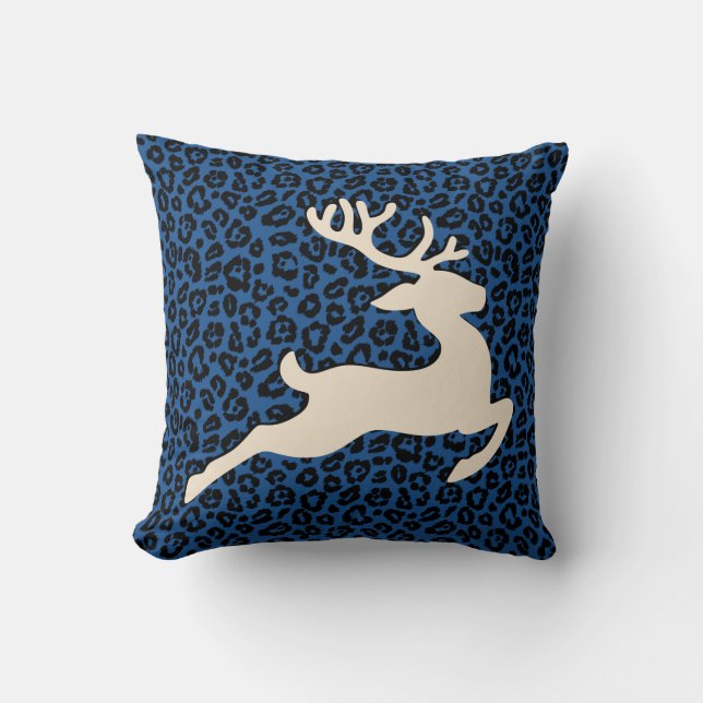 Christmas Holiday Deer Blue Leopard Print Throw Pillow (Front)