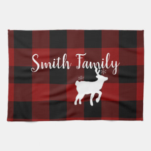 Christmas Holiday Deer on Buffalo Plaid Custom Kitchen Towel