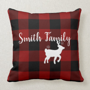 Christmas Holiday Deer on Buffalo Plaid Custom Throw Pillow