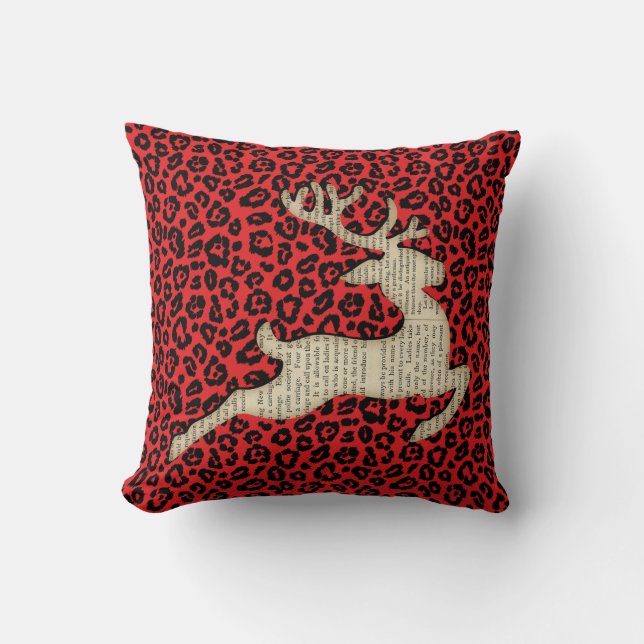 Christmas Holiday Deer Red Black Leopard Print Throw Pillow (Front)