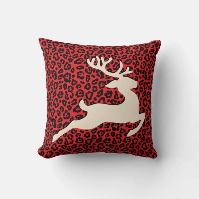Christmas Holiday Deer Red Black Leopard Print Throw Pillow (Front)