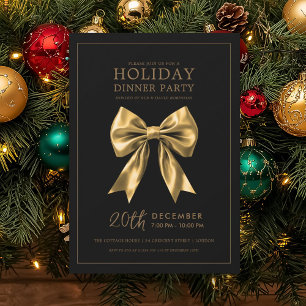 Christmas Holiday Dinner Party Gold Satin Bow Blac Invitation