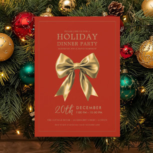Christmas Holiday Dinner Party Gold Satin Bow Red  Invitation