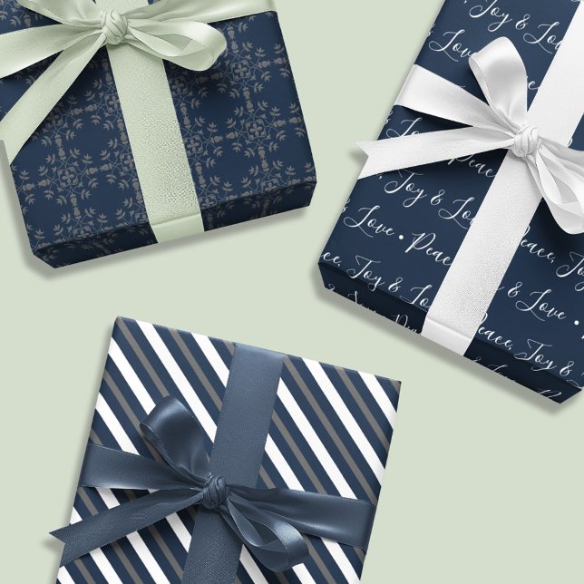 Christmas Holiday Elegant Classic Navy Blue  Wrapping Paper Sheet (Christmas elegant blue silver snowflake pattern, striped, and typography script.)