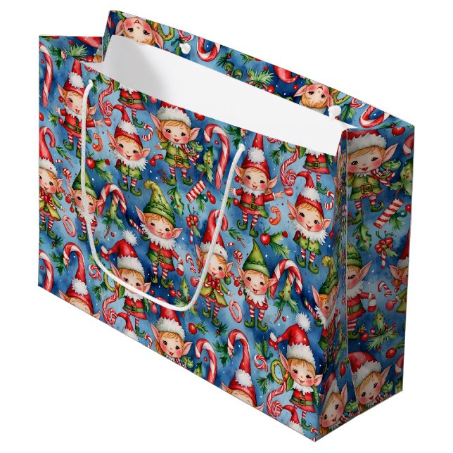 Christmas Holiday Elf Pattern Large Gift Bag (Front Angled)
