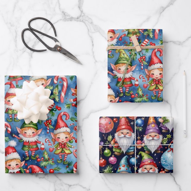 Christmas Holiday Elf Pattern Wrapping Paper Sheet (Front)
