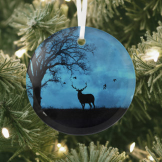 Christmas Holiday Elk and Moon Glass Ornament