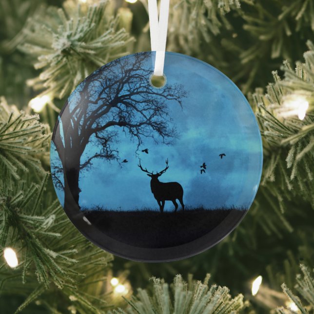 Christmas Holiday Elk and Moon Glass Ornament (Insitu)