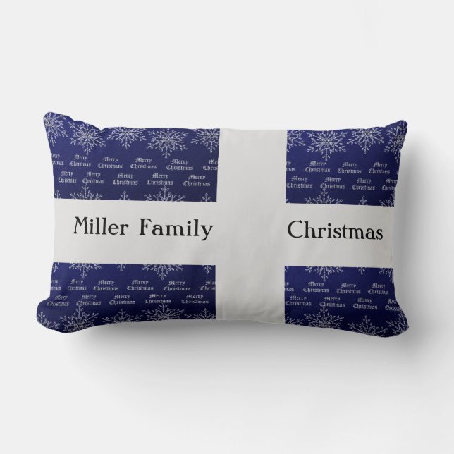 Christmas Holiday Family Name Blue White Snowflake Lumbar Pillow (Front)