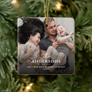 Christmas/Holiday Family Name & Message 2-Photo Ceramic Ornament