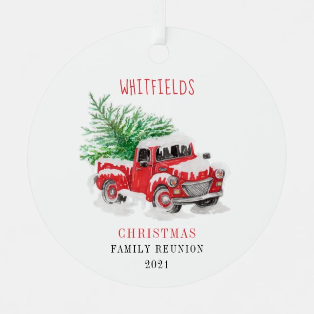Christmas Holiday Family Reunion Red Truck Custom Metal Ornament (Front)