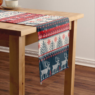 Christmas Holiday Faux Knit Pattern Nordic Theme Short Table Runner