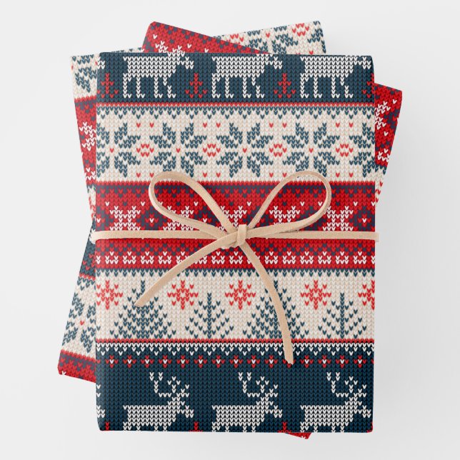 Christmas Holiday Faux Knit Pattern Nordic Themed Wrapping Paper Sheet (In situ)