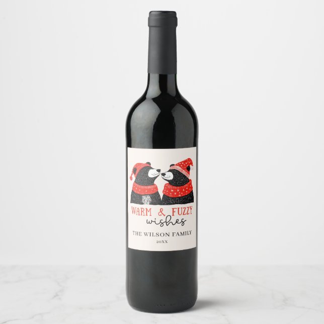 Christmas Holiday Festive Black Bear Couple Name Wine Label (Front)