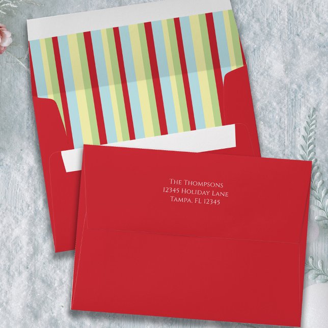 Christmas Holiday Festive Cute Colourful Striped  Envelope (Whimsical striped red, yellow, blue and return address label.)