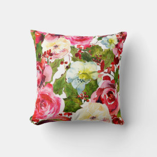 Christmas Holiday Floral Berries Holly Berry Throw Pillow