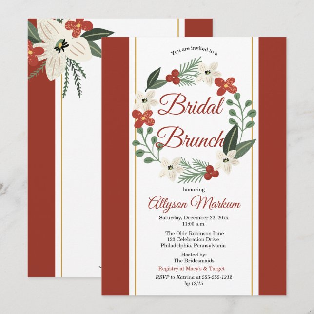 Christmas Holiday Floral Wreath Bridal Brunch Invitation (Front/Back)