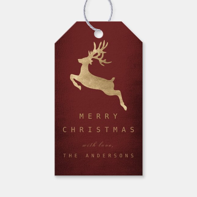 Christmas Holiday Gift Tag Burgunde Gold Reniadeer (Front)
