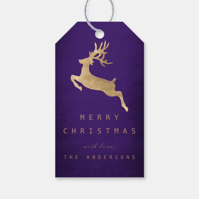 Christmas Holiday Gift Tag Purple Gold Reniadeer (Front)