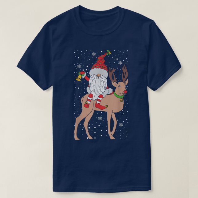 Christmas Holiday Gnome Riding Reindeer Funny Xmas T-Shirt (Design Front)
