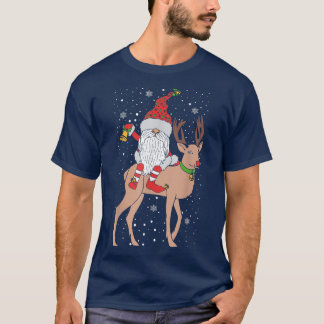 Christmas Holiday Gnome Riding Reindeer Funny Xmas T-Shirt