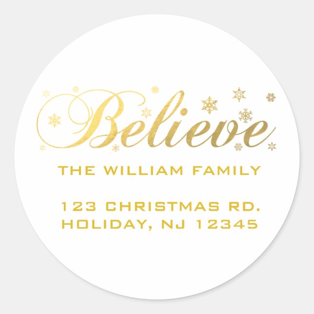 Christmas Holiday Gold Believe Classic Round Sticker (Front)