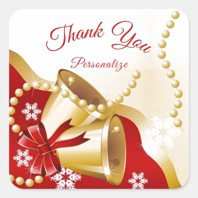 Christmas Holiday Gold Bells Thank You Personalize Square Sticker (Front)