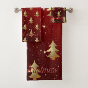 Christmas Holiday-Gold Christmas Tree, Red Bath Towel Set