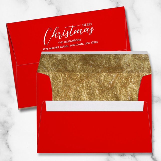 Christmas Holiday Gold Faux Foil Lined Red Envelope (Faux gold foil printed lining in red Christmas envelopes with FREE return address on the back )