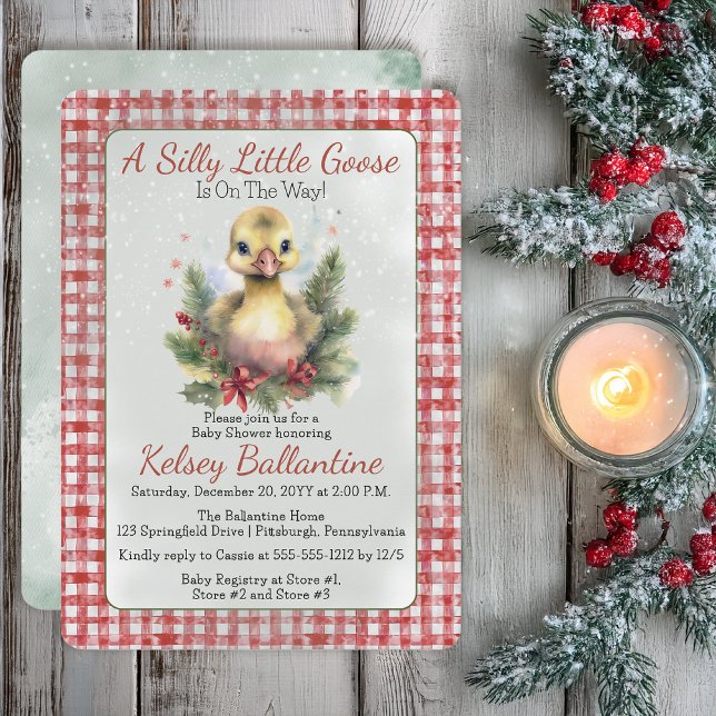 Christmas Holiday Goose Gosling Baby Shower Invitation (Cute Christmas Holiday Goose Gosling "A Silly Little Goose" Gingham Checks Baby Shower Invitation)