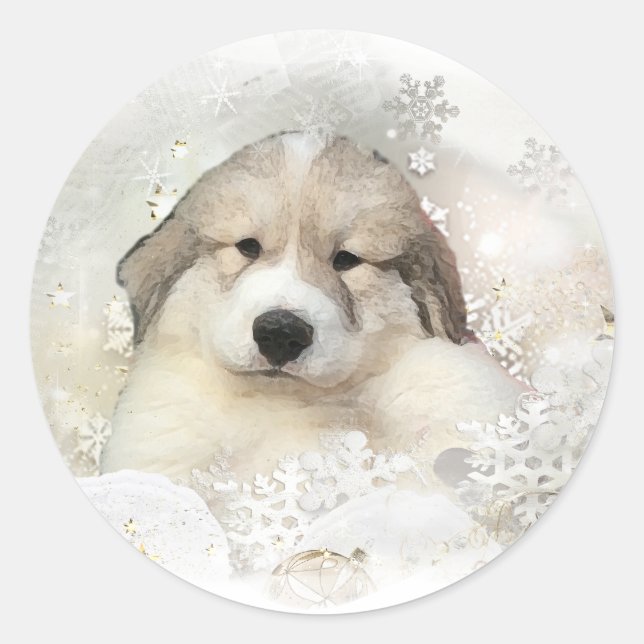 Christmas Holiday Great Pyrenees Pup Watercolor Classic Round Sticker (Front)