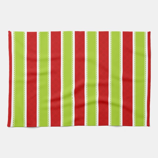 Christmas Holiday Green & Red Stripes Pattern Kitchen Towel (Horizontal)