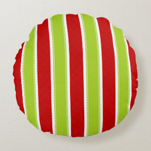 Christmas Holiday Green & Red Stripes Pattern Round Pillow