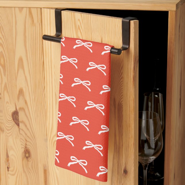 Christmas Holiday Hand-drawn Red White Bows  Kitchen Towel (Thirds Fold)