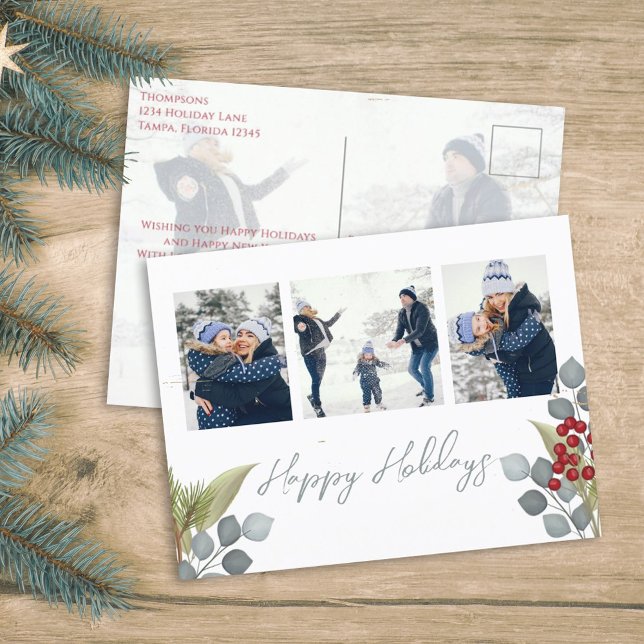 Christmas Holiday Holly Berries Greenery 4 Photo (Happy Holidays Christmas photo budget friendly postcard template. )