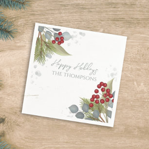 Christmas Holiday Holly Berries Greenery Silver Napkin