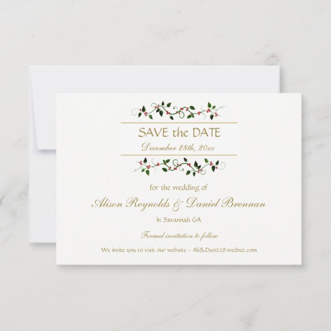 Christmas Holiday Holly Ivy Wedding Save the Date (Front)
