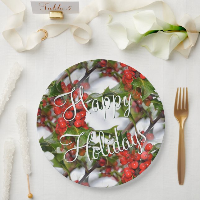 Christmas Holiday Holly Leaves Red Berries Pattern Paper Plate (Wedding)