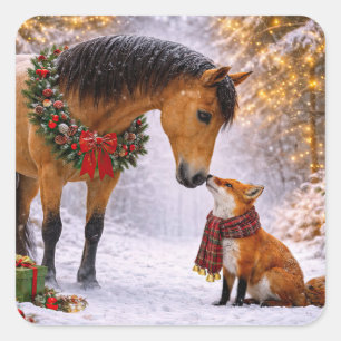 Christmas Holiday Horse and Fox Beautiful Square Sticker