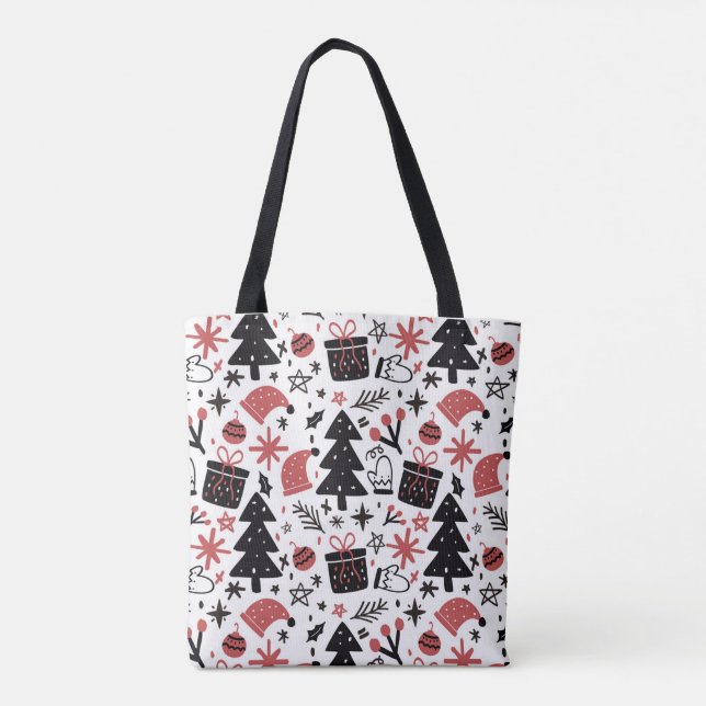 Christmas Holiday Icons Xmas Tree Santa Hat Tote Bag (Back)
