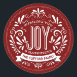 CHRISTMAS HOLIDAY JOY ROUND CHALK ART STICKERS<br><div class="desc">WISHING YOU JOY & HAPPINESS: Bright and cheerful whimsical round chalkboard style Christmas ornament with retro banner, vintage red and white typography, and fancy swirls. Personalize this decorative holiday ROUND label with your family name or custom greeting. Contemporary, classic, modern and stylish way to send trendy happy winter holiday greetings...</div>